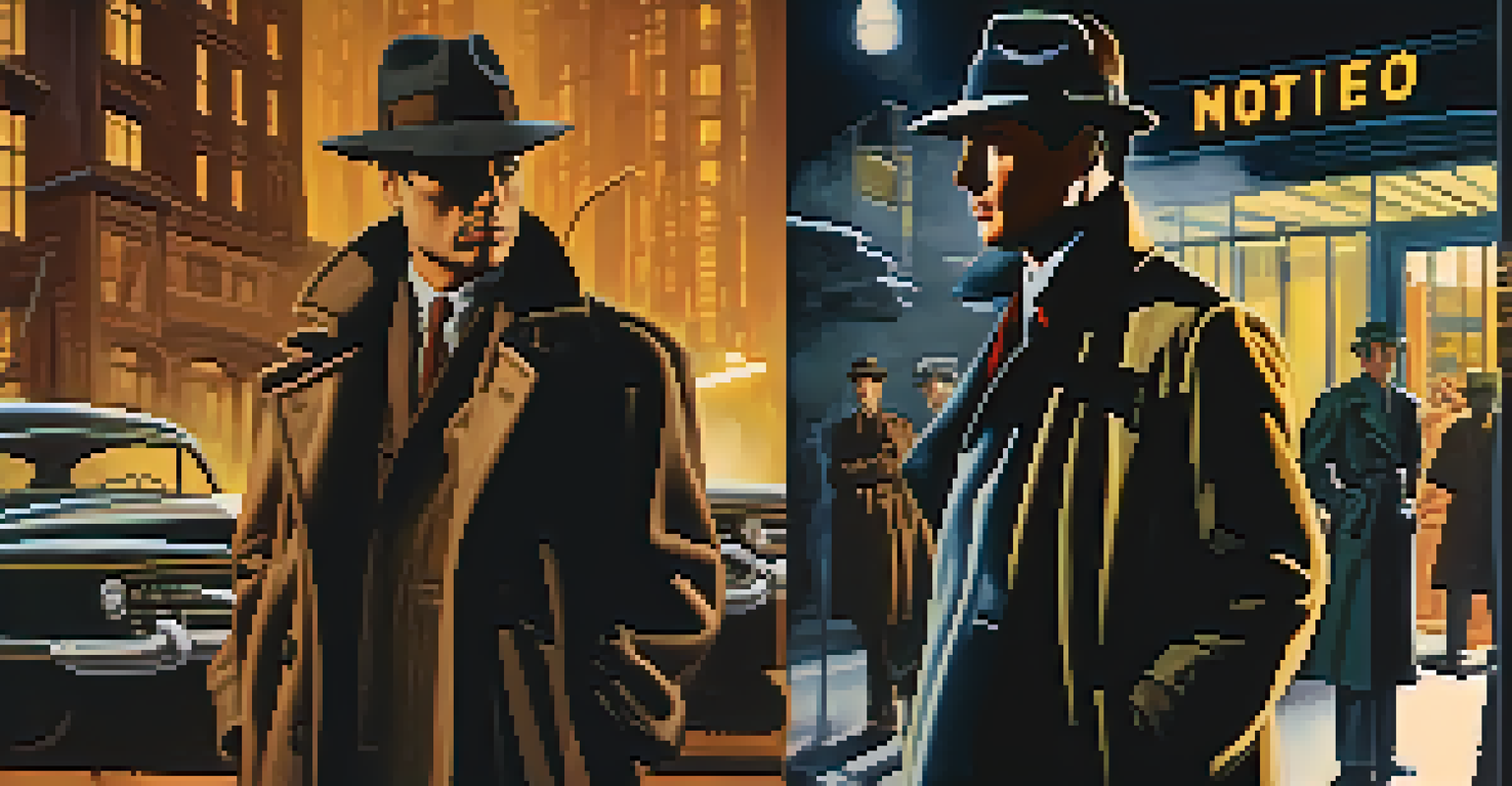 A split-screen image contrasting classic film noir with modern crime drama, highlighting differences in characters and lighting.