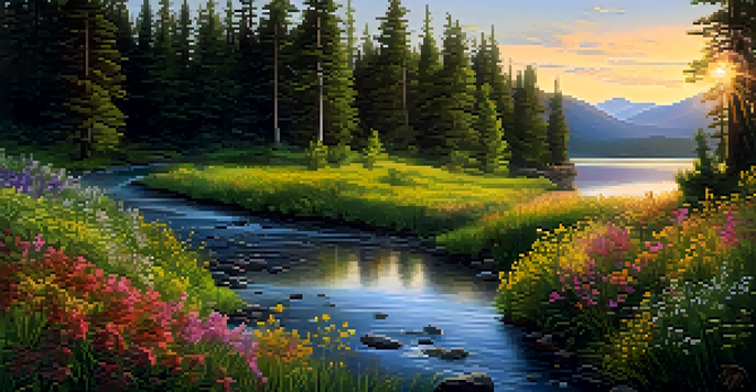 A serene forest landscape with a river and colorful wildflowers under a golden sunset.