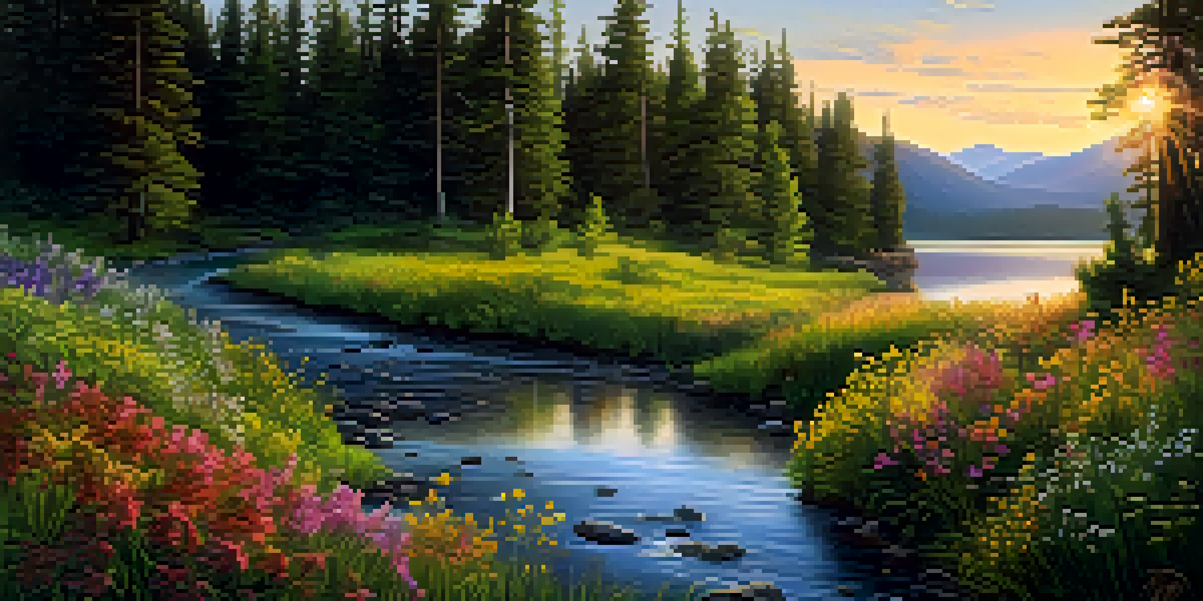 A serene forest landscape with a river and colorful wildflowers under a golden sunset.