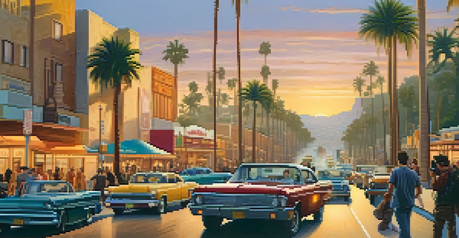 A picturesque Hollywood street with the Hollywood sign in the background, palm trees, and film crews preparing for a shoot during sunset.