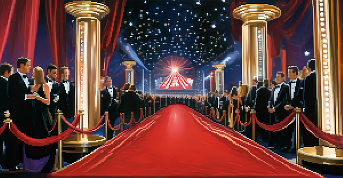 A lively red carpet event at an award show with celebrities in formal attire and bright lights.