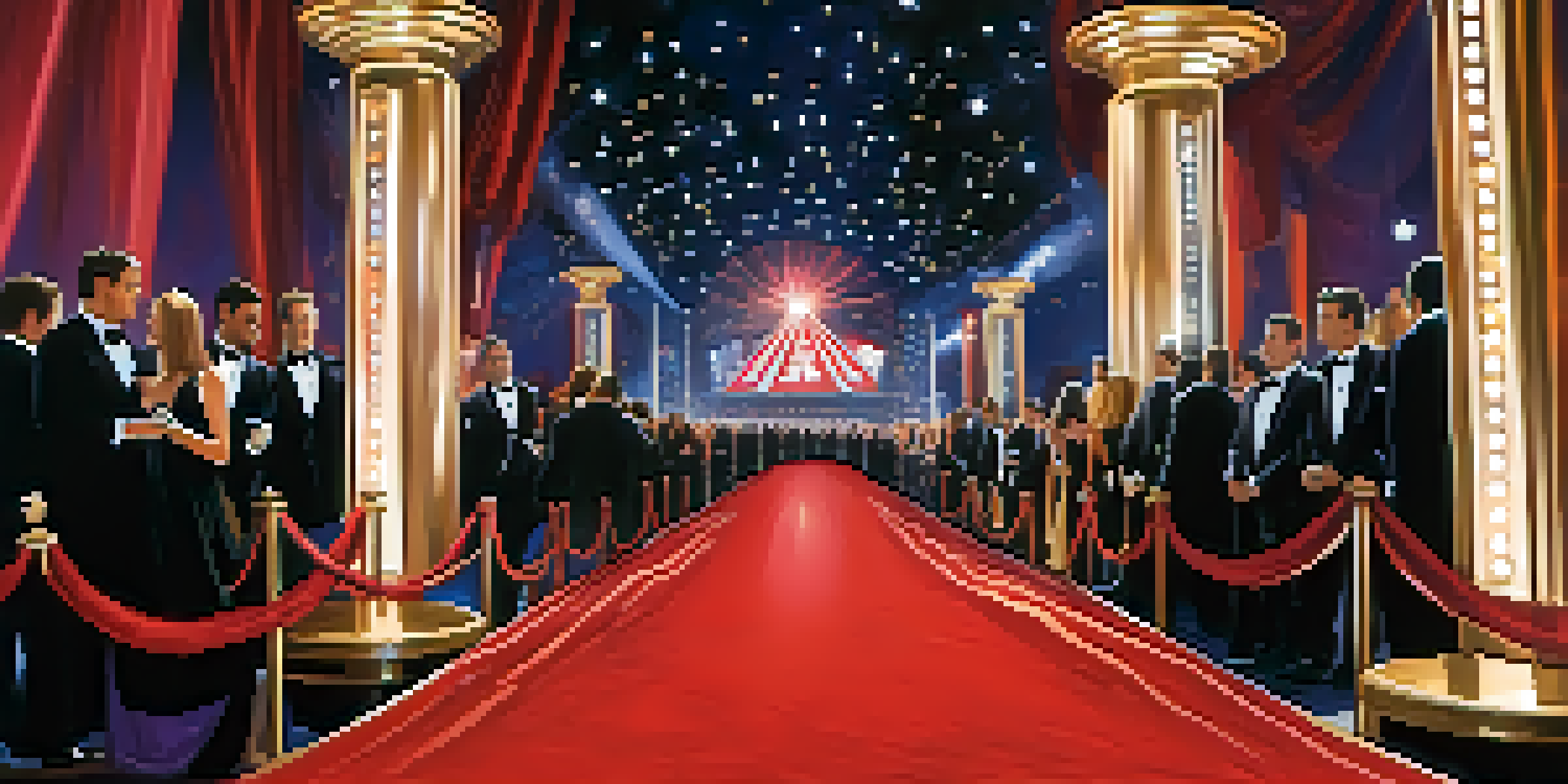 A lively red carpet event at an award show with celebrities in formal attire and bright lights.