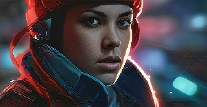 A close-up of a video game character showing strong emotion, with dramatic lighting and a blurred action scene in the background.