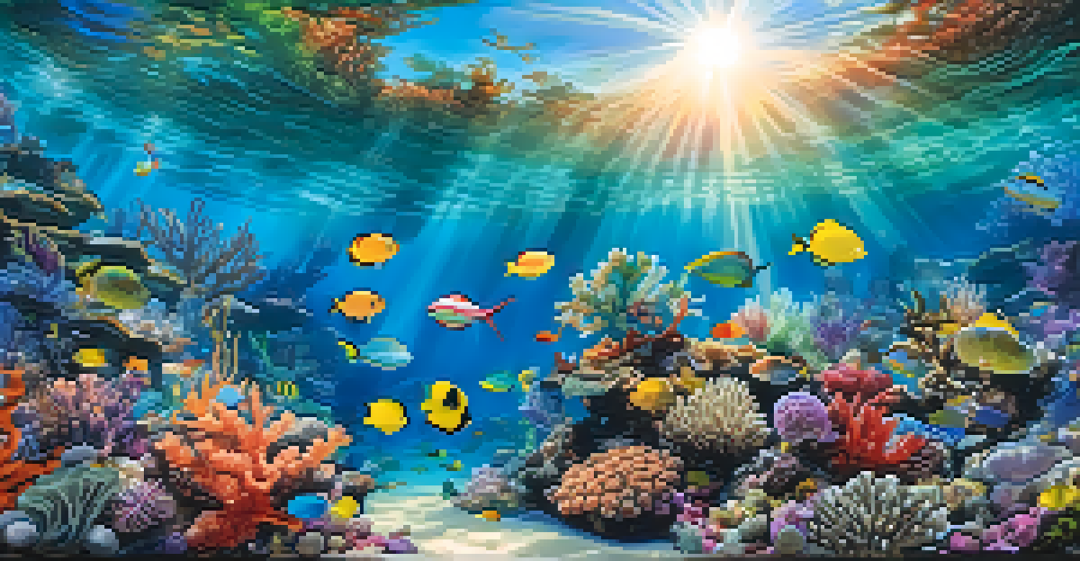 A lively underwater scene with animated sea creatures exploring a colorful coral reef illuminated by sunlight.