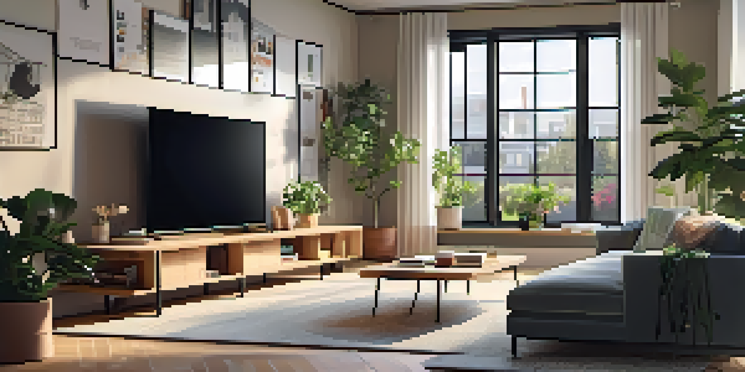 A modern living room featuring a large TV showing a streaming service, cozy furniture, and warm lighting.