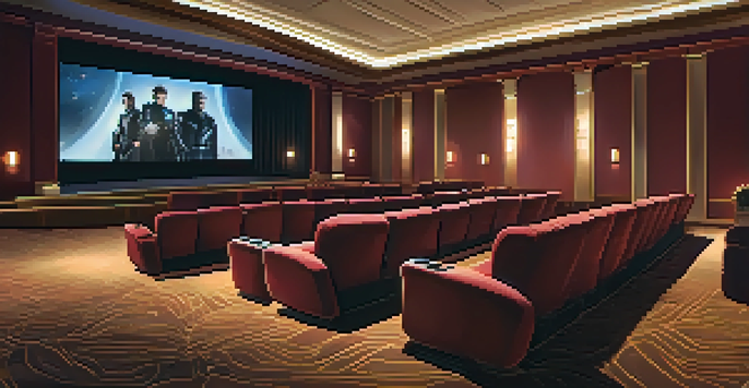 An interior of a luxury cinema with comfortable reclining seats, warm lighting, and gourmet meals served beside each seat.