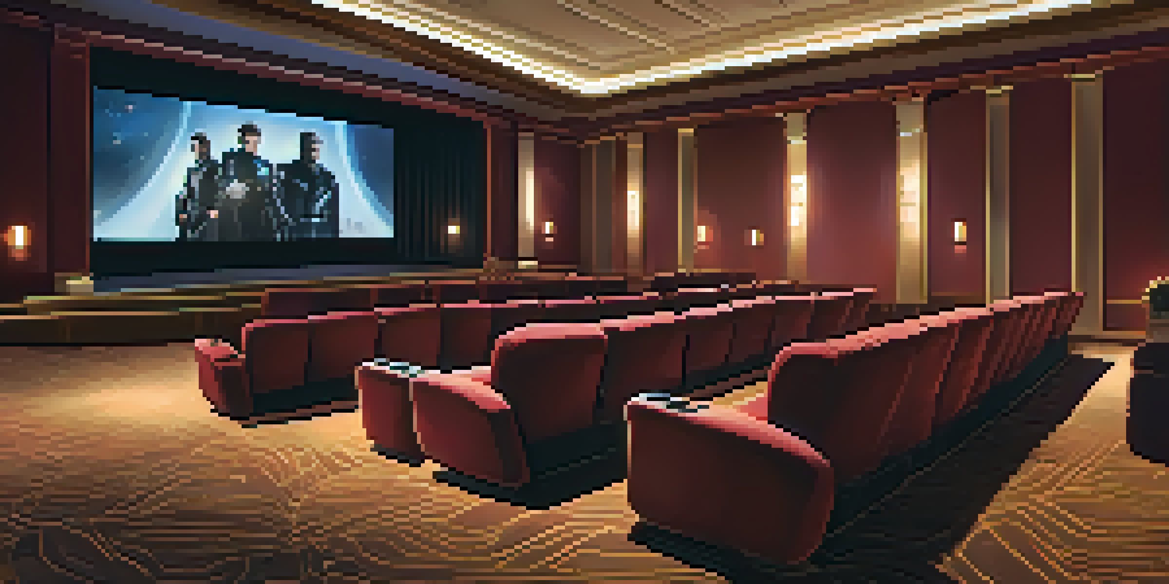 An interior of a luxury cinema with comfortable reclining seats, warm lighting, and gourmet meals served beside each seat.