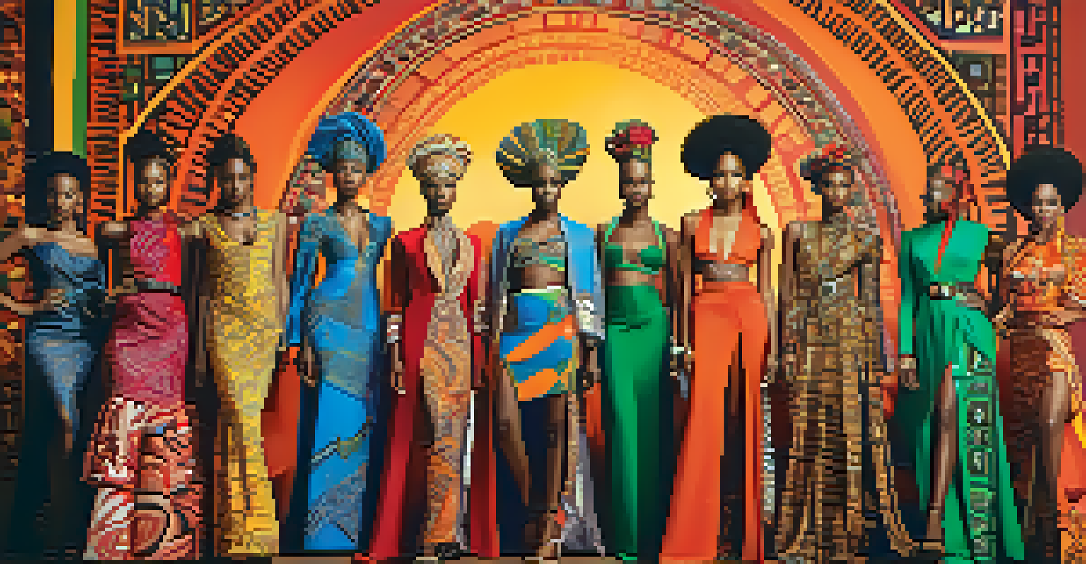 Models on a fashion runway wearing costumes inspired by African heritage, with vibrant colors and traditional patterns in the background.