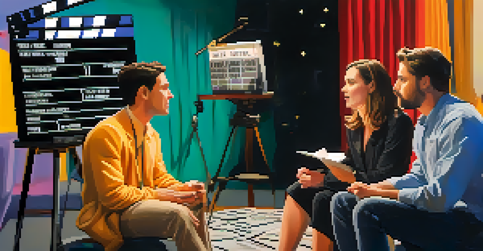A film set with a director and actors discussing a script about mental health, with colorful props and soft lighting.