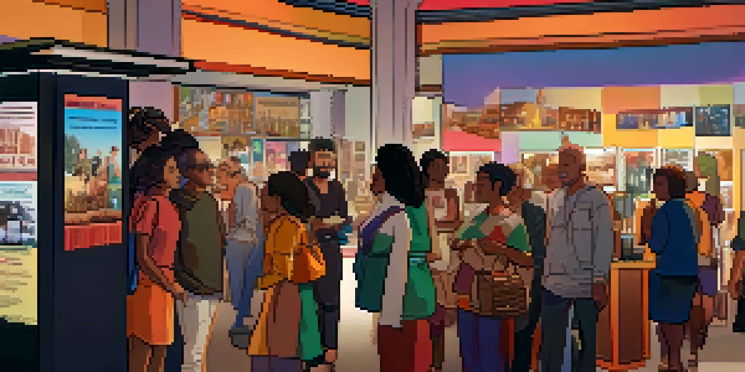 A diverse group of filmmakers at a film festival booth, discussing their award-winning works under colorful banners and warm sunset lighting.