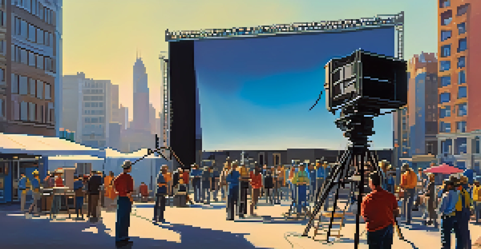 A busy outdoor film set with crew members, lighting rigs, and actors in costume, against a city backdrop.