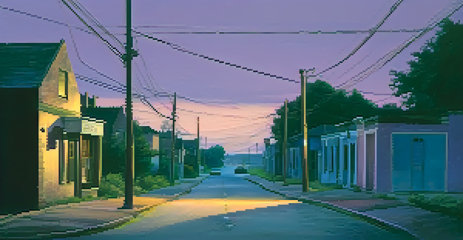 An abandoned street at dusk with a solitary figure, surrounded by soft blue and purple hues in the sky, evoking a sense of anticipation and silence.