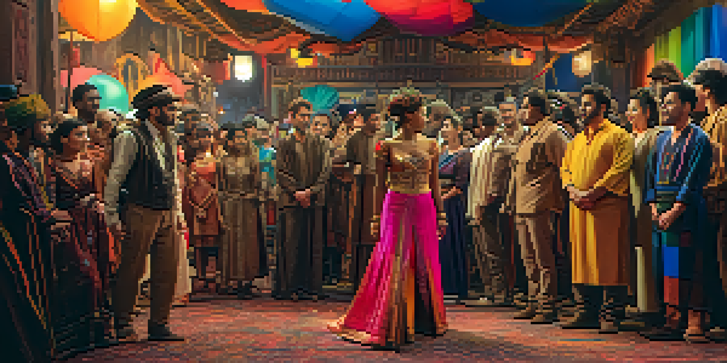 A diverse group of actors and crew members collaborating on a film set, surrounded by colorful props and costumes.