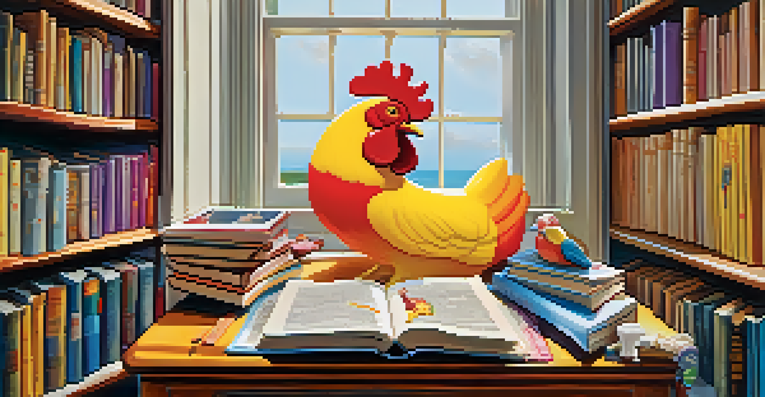 A giant book titled 'The Art of Satire' on a desk, surrounded by comedic props in a sunlit room filled with bookshelves.