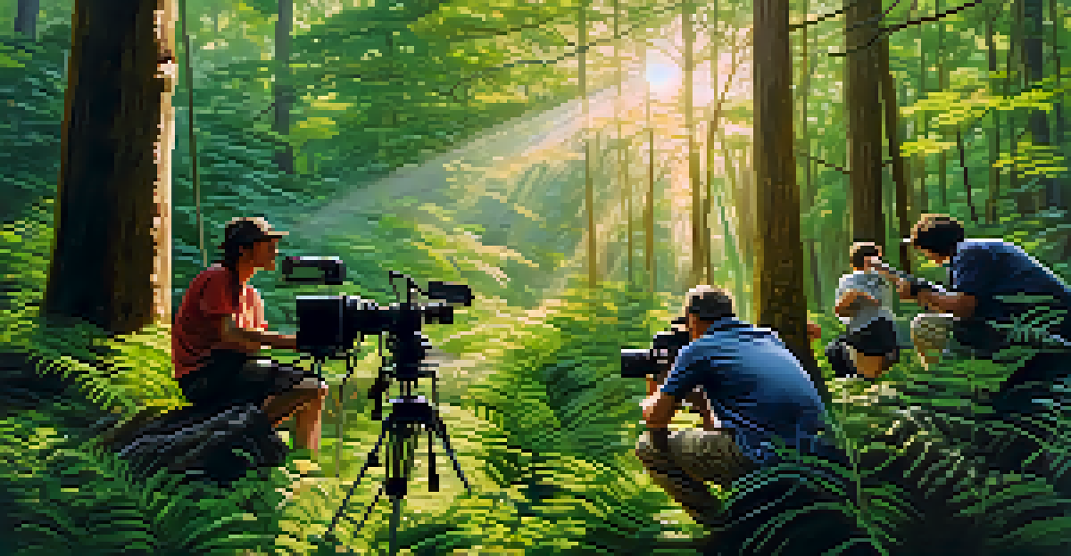 A film crew capturing a documentary in a forest, focusing on a speaker discussing climate change, with sunlight filtering through lush greenery.