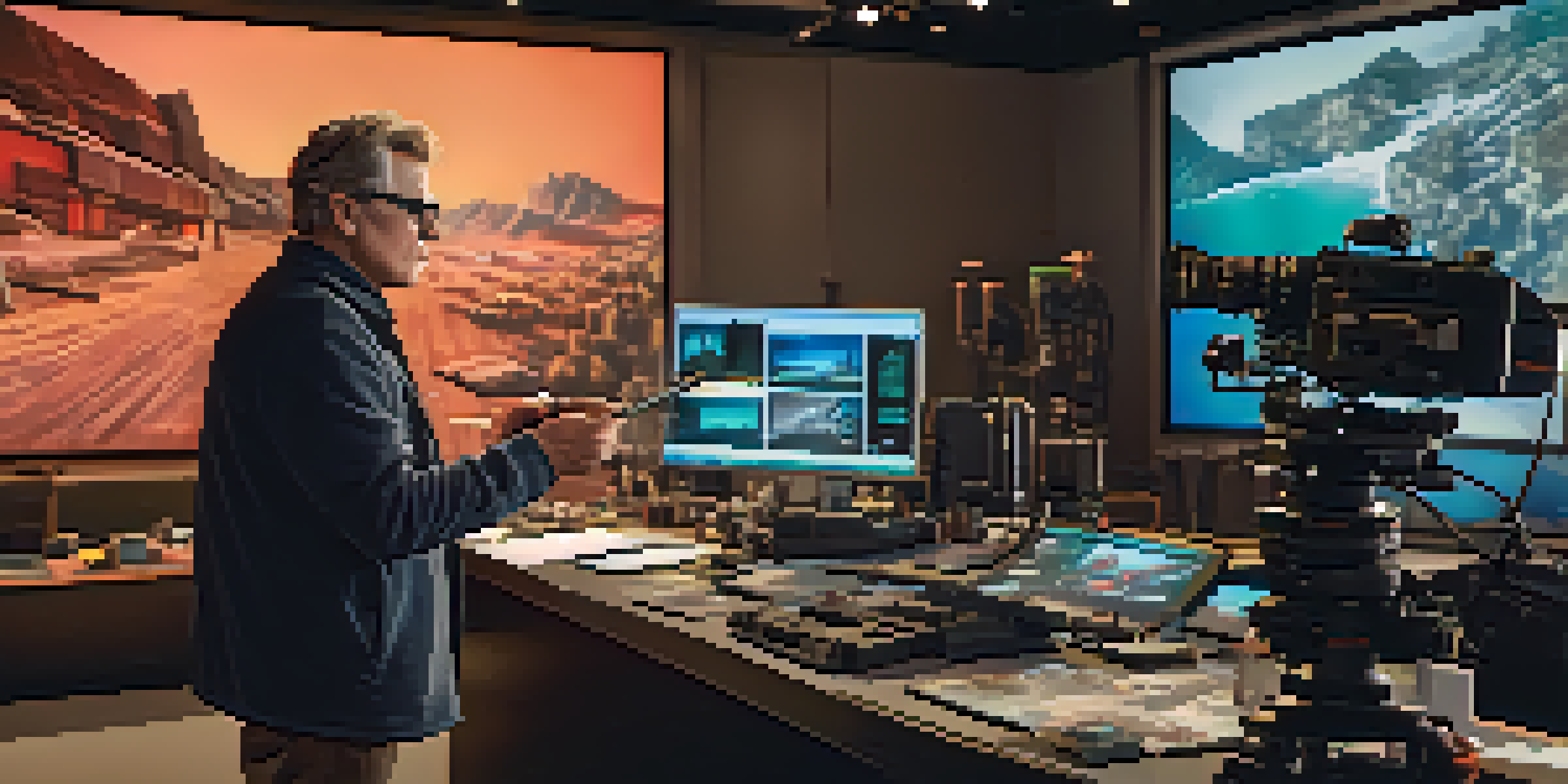 A director in a film studio with advanced equipment discussing a scene with his cinematographer, surrounded by vibrant CGI graphics on a large screen.