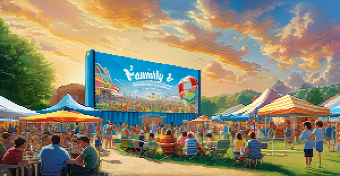 A lively summer film festival with families enjoying outdoor movie screenings, colorful banners, and children playing in a bright blue sky.