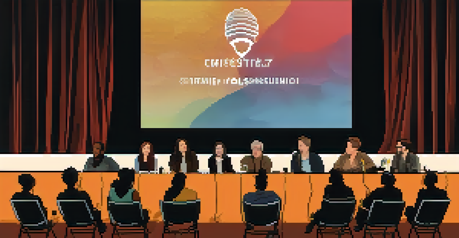 A panel discussion at a film festival with filmmakers on stage and an engaged audience, illuminated by soft lighting.