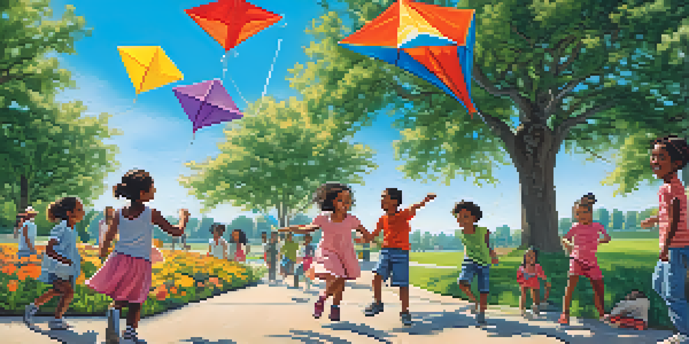 A diverse group of children playing joyfully in a sunny park, engaging in various activities like flying kites and playing soccer, with blooming flowers and trees in the background.