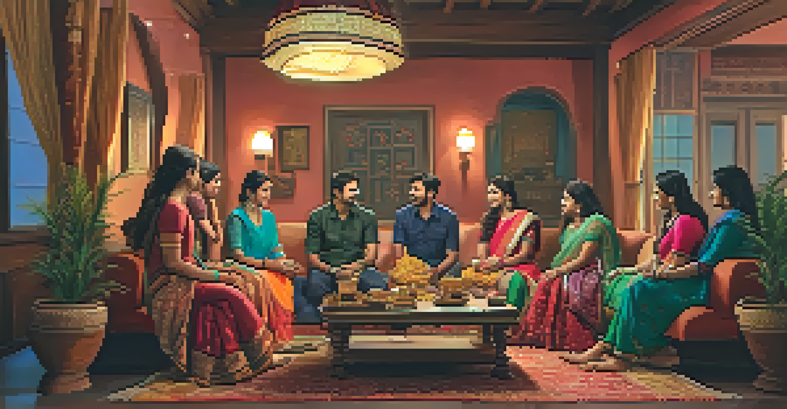 A cozy family gathering in an Indian home, showcasing traditional decor and diverse family members in conversation.
