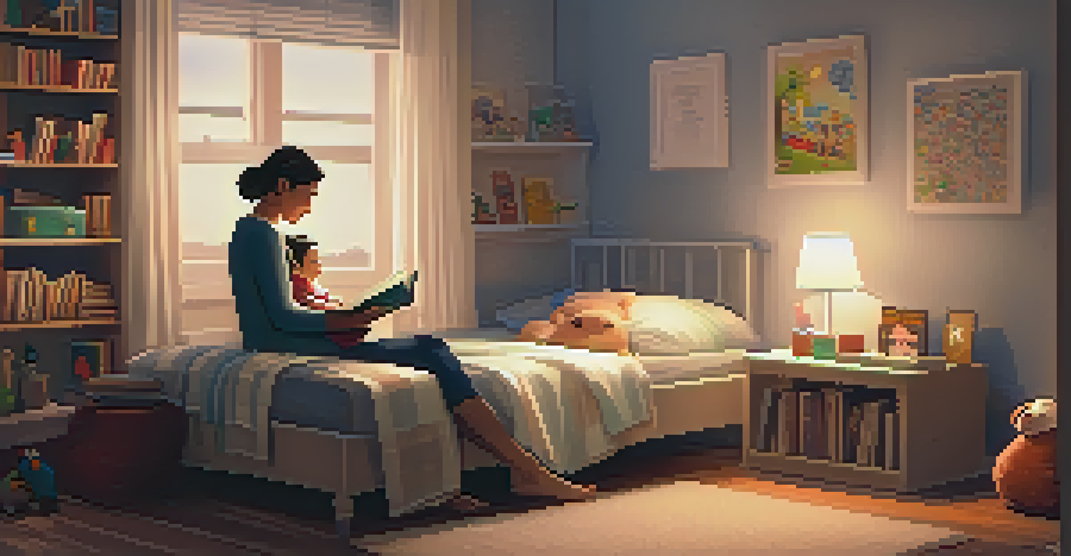 A single parent reading a bedtime story to their child in a warmly lit bedroom filled with cozy decor.