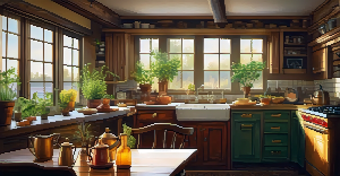 A warm and inviting kitchen with rustic decor and a family meal set on the table, illuminated by golden sunlight.