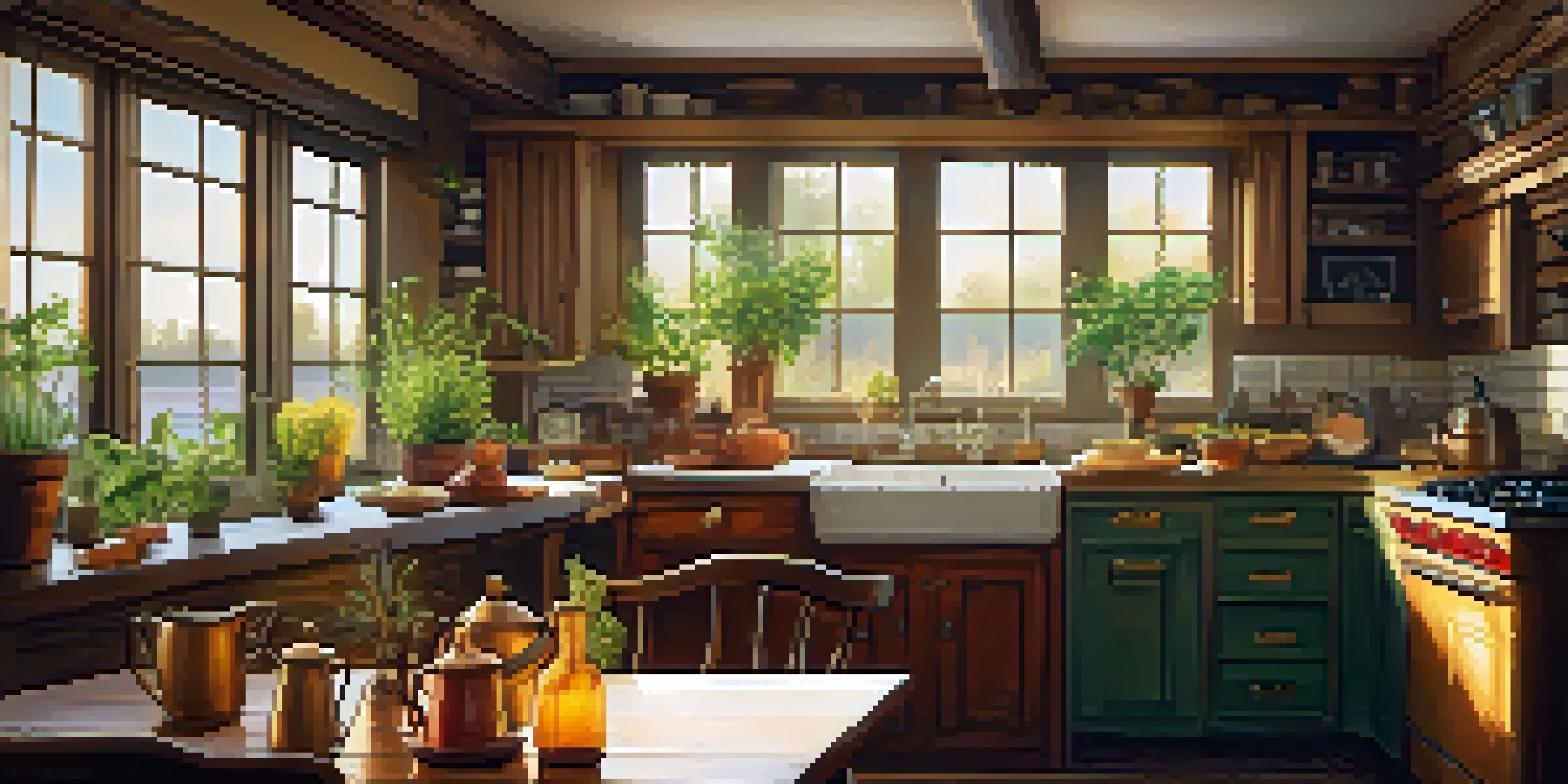 A warm and inviting kitchen with rustic decor and a family meal set on the table, illuminated by golden sunlight.
