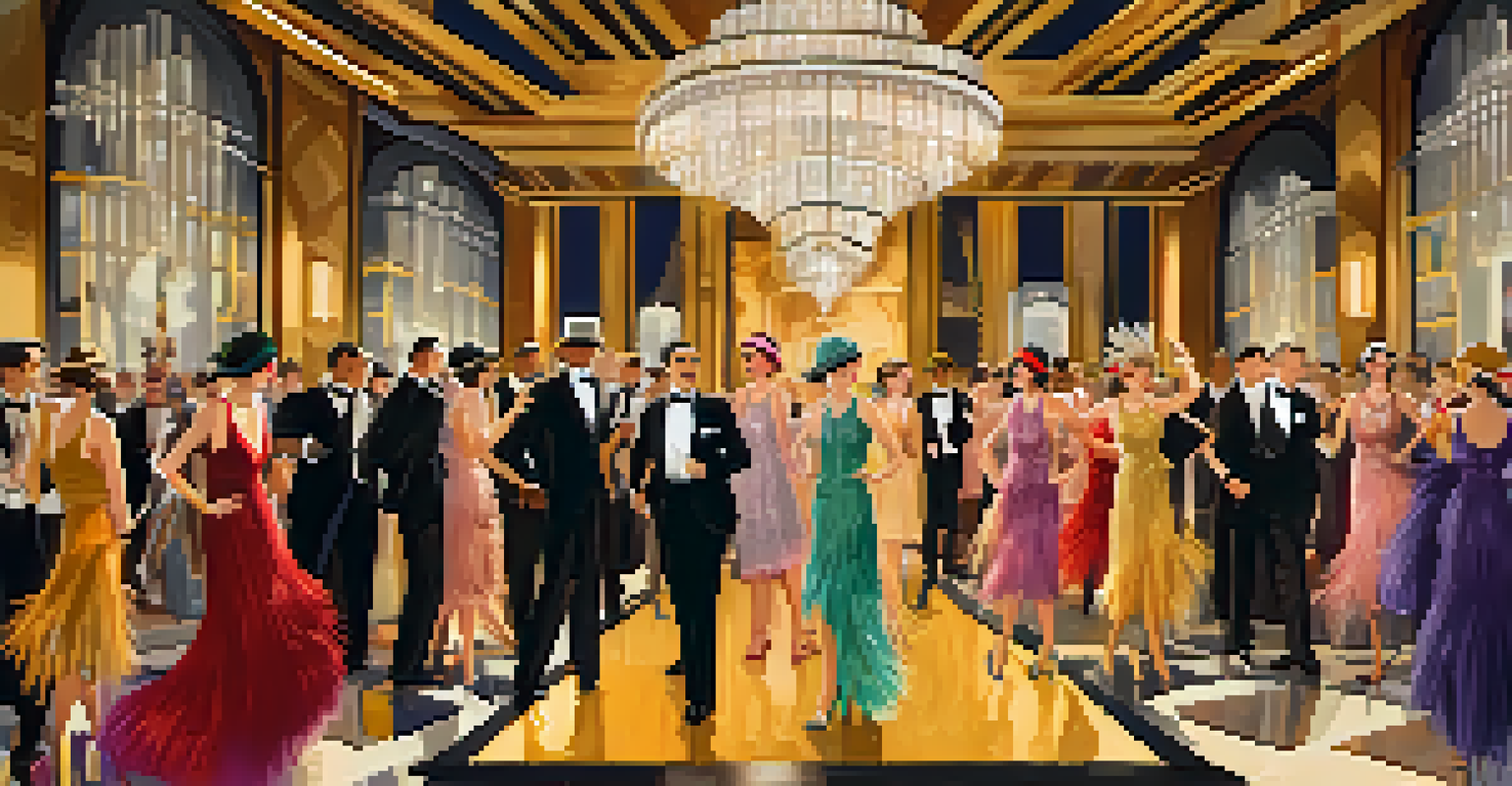 A lively party scene with women in flapper dresses and men in suits, dancing under chandeliers with art deco decor.