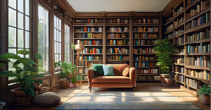 A cozy library with a soft armchair, large window, and warm sunlight, filled with books and plants.