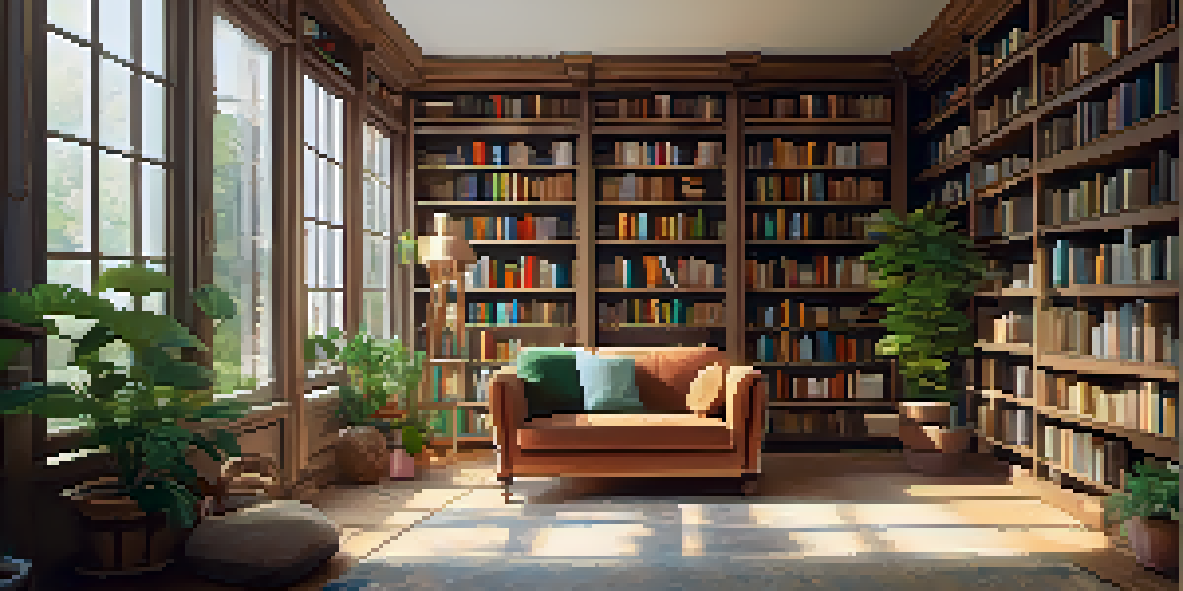 A cozy library with a soft armchair, large window, and warm sunlight, filled with books and plants.