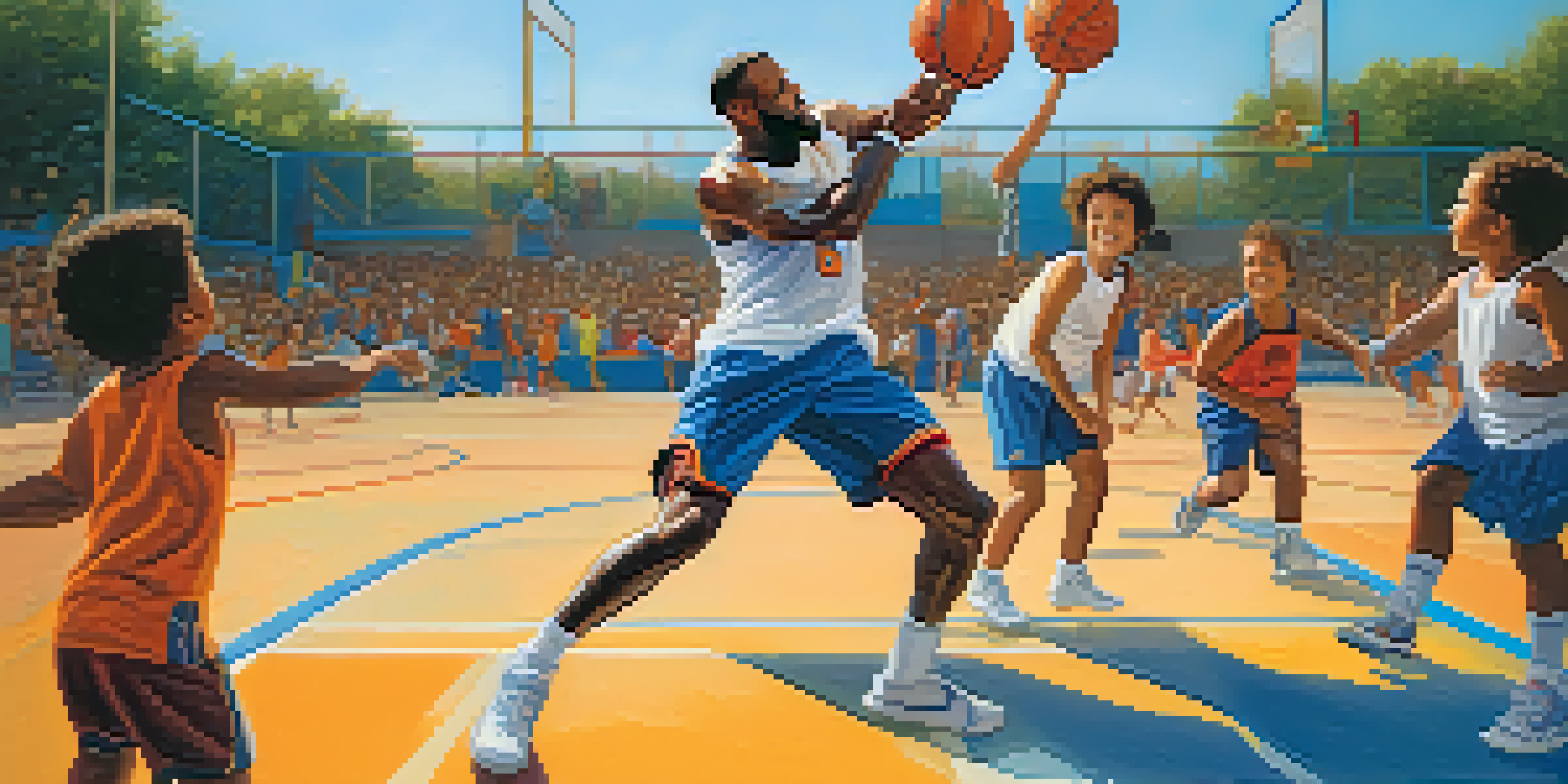 A famous athlete engaging with children on a basketball court, showcasing joy and enthusiasm.
