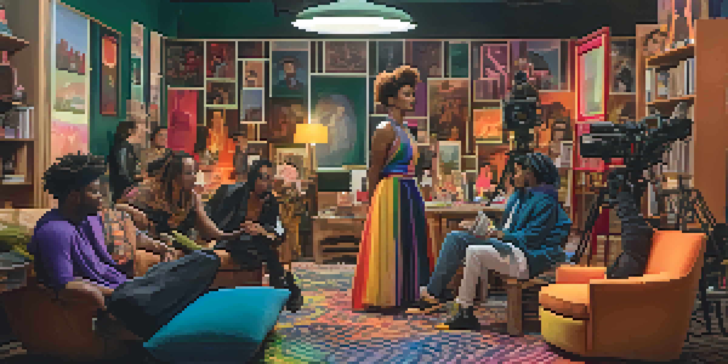 A diverse group of LGBTQ+ actors and creators discussing on a film set, surrounded by colorful costumes and film equipment under warm lighting.