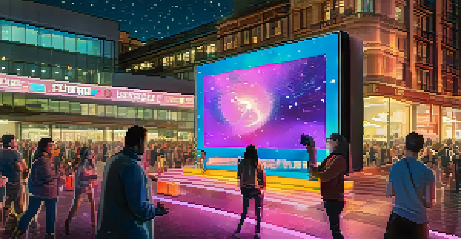 A busy urban scene with an interactive digital billboard displaying augmented reality advertisements, illuminated by neon colors under a starry night sky.