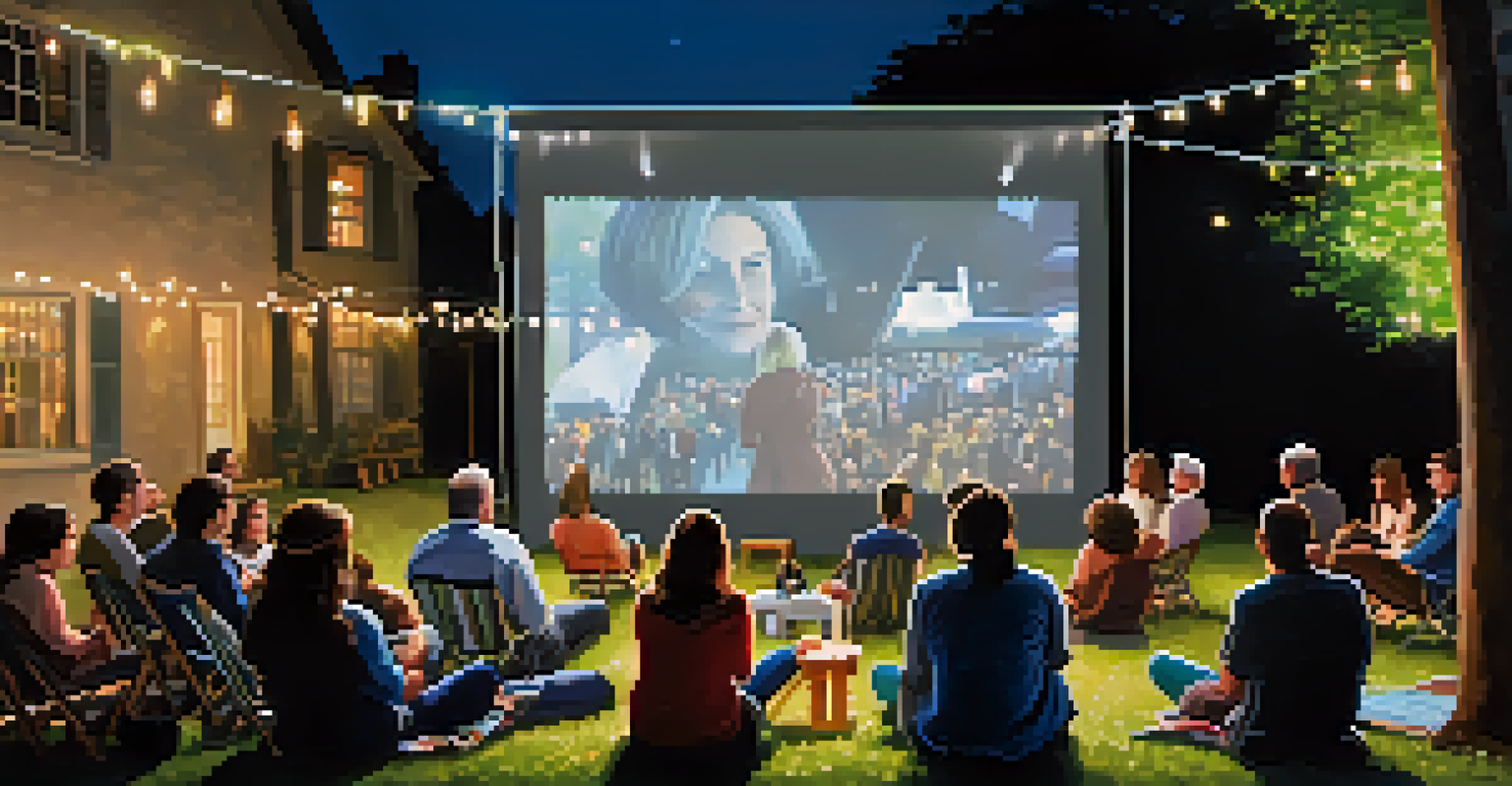 A community gathering outdoors with people watching a documentary on a projector, surrounded by soft string lights and a cozy atmosphere.