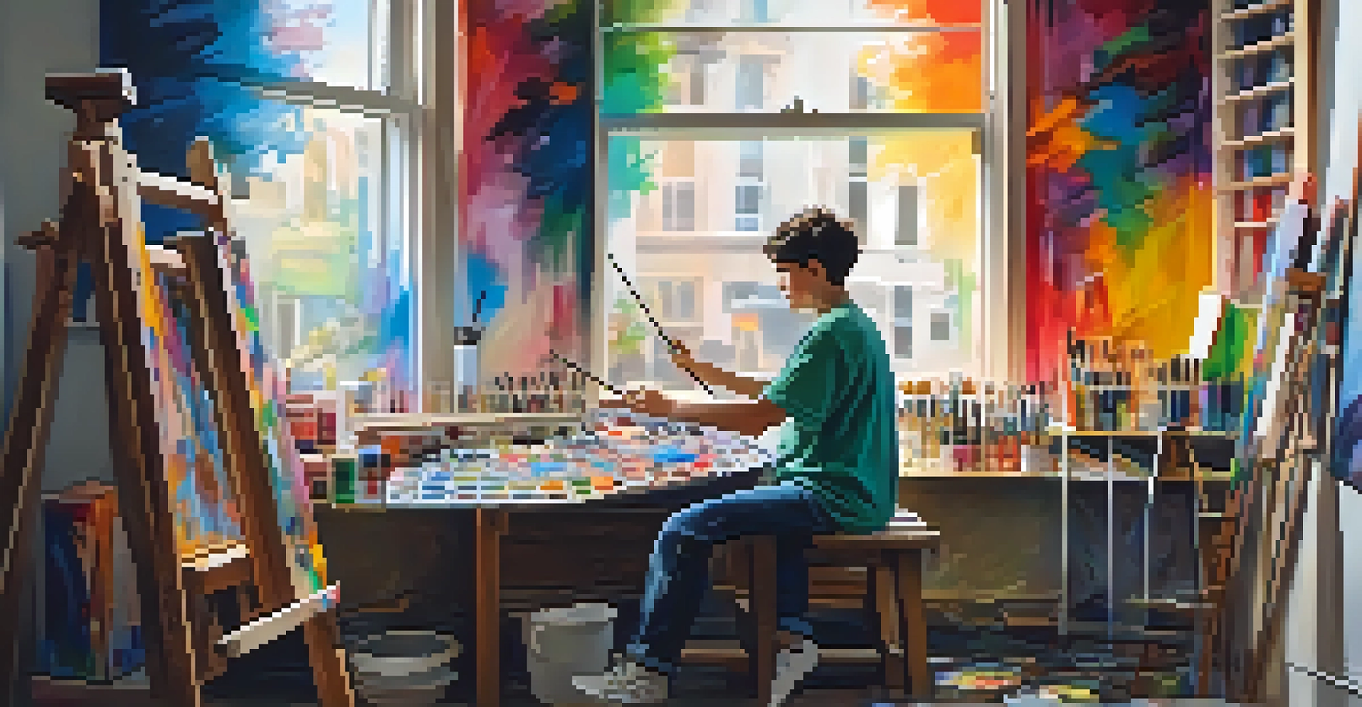 A young artist in a studio, inspired by a musician's poster, painting on a canvas with vibrant colors and natural light illuminating the space.