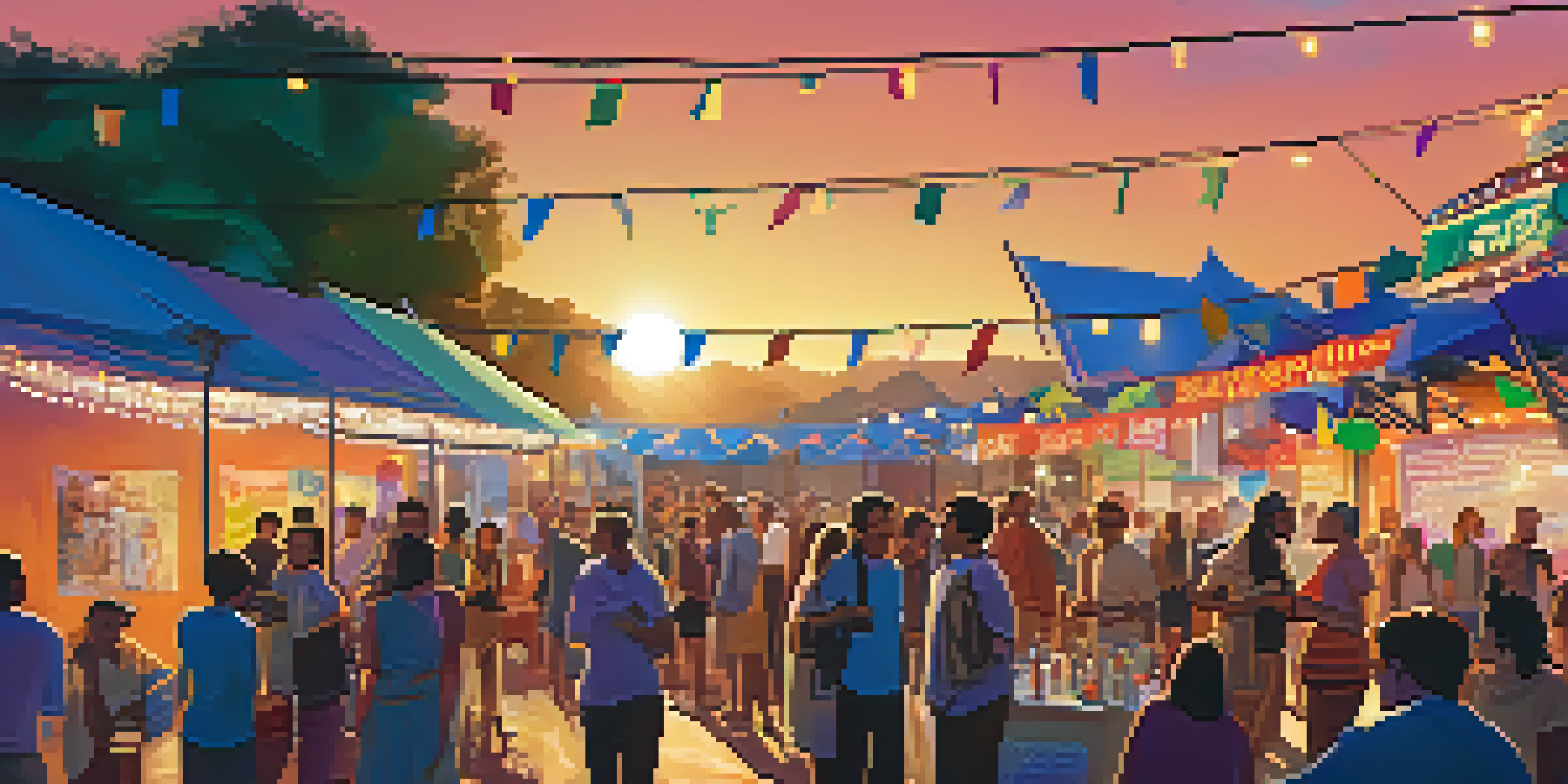 A lively film festival scene with diverse filmmakers and audiences, colorful banners, and film posters representing different cultures, illuminated by string lights at sunset.