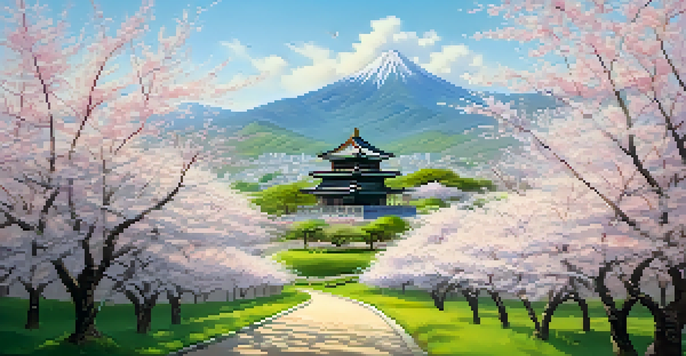 A green valley with a traditional Asian temple surrounded by cherry blossom trees under a blue sky.