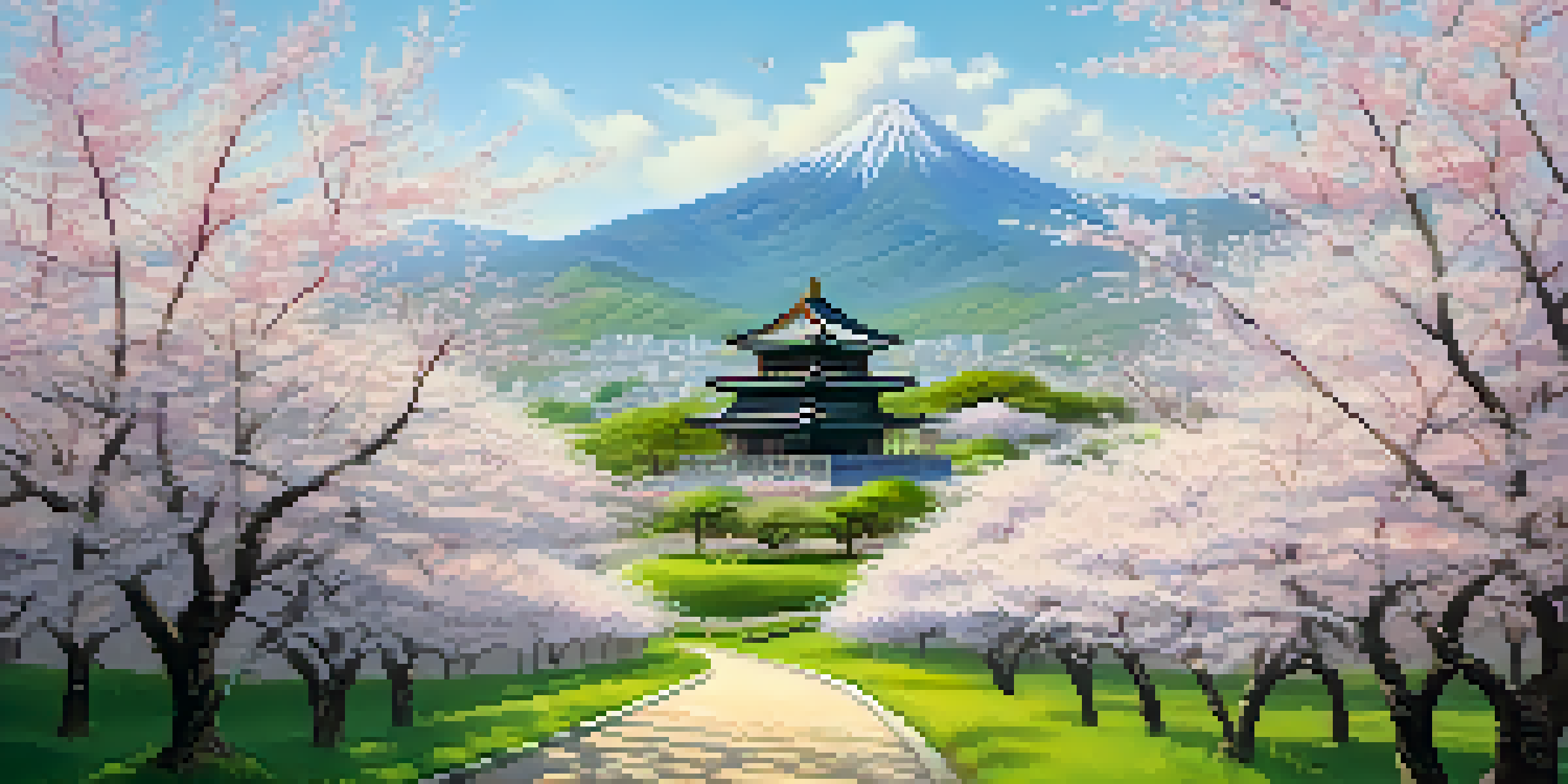 A green valley with a traditional Asian temple surrounded by cherry blossom trees under a blue sky.