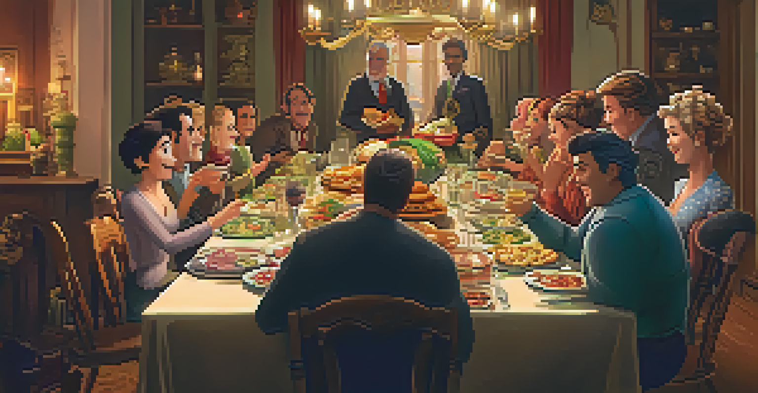 A diverse group of fictional characters enjoying a lively dinner party with a variety of foods and decorations from different stories.