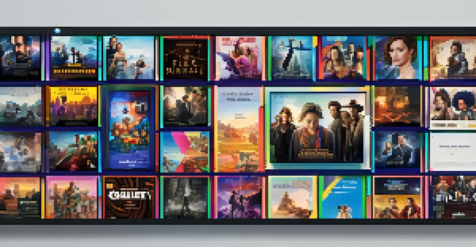 A modern streaming platform interface featuring diverse movie posters from various genres and cultures, with a vibrant color background.