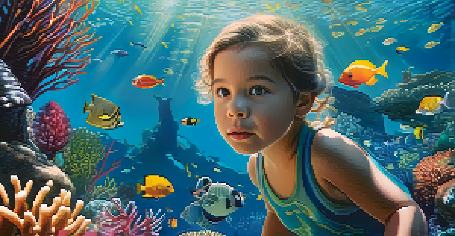 A bright underwater scene with colorful coral reefs and diverse fish, showcasing a child exploring in a magical ocean environment.
