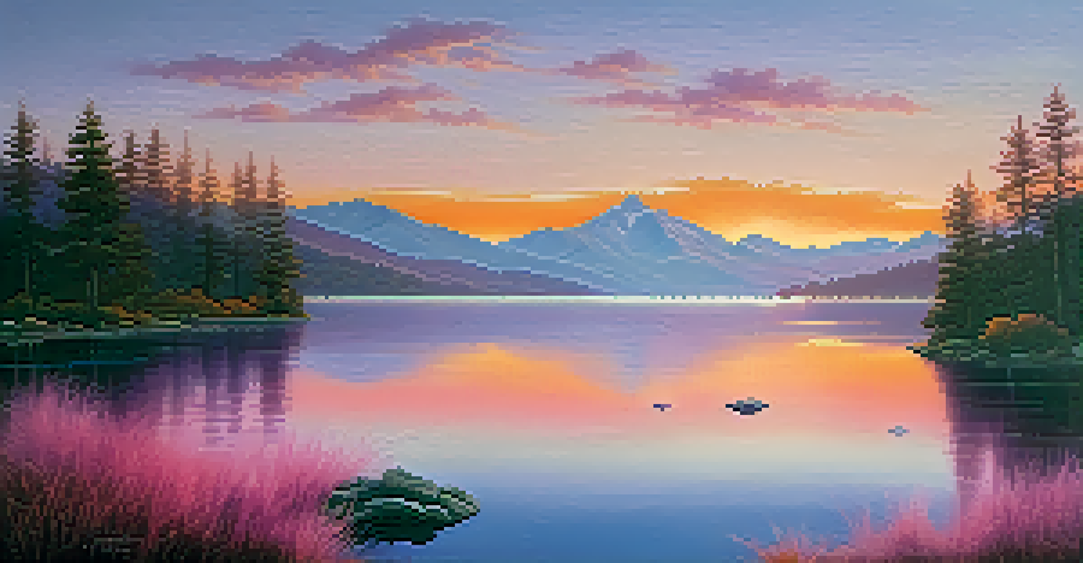 A tranquil lake surrounded by mountains at sunrise, with mist over the water and a colorful sky in shades of pink, orange, and purple.