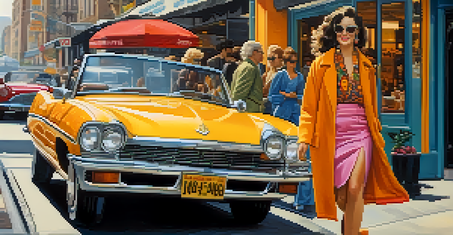 A woman in oversized 1980s fashion stepping out of a café, with a busy city street in the background.