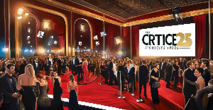 A scene from the Critics' Choice Awards red carpet with celebrities in elegant attire and camera flashes.