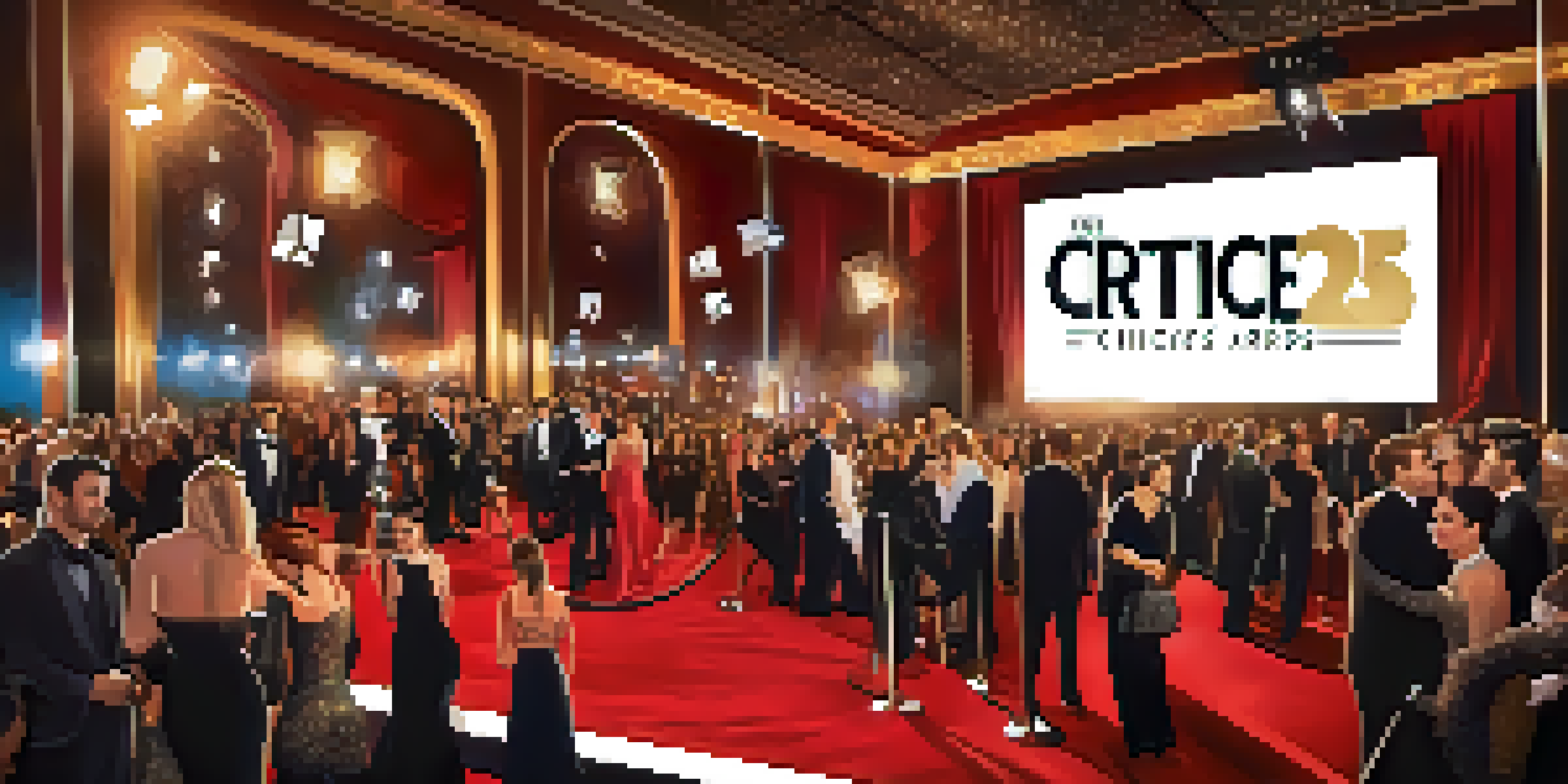A scene from the Critics' Choice Awards red carpet with celebrities in elegant attire and camera flashes.