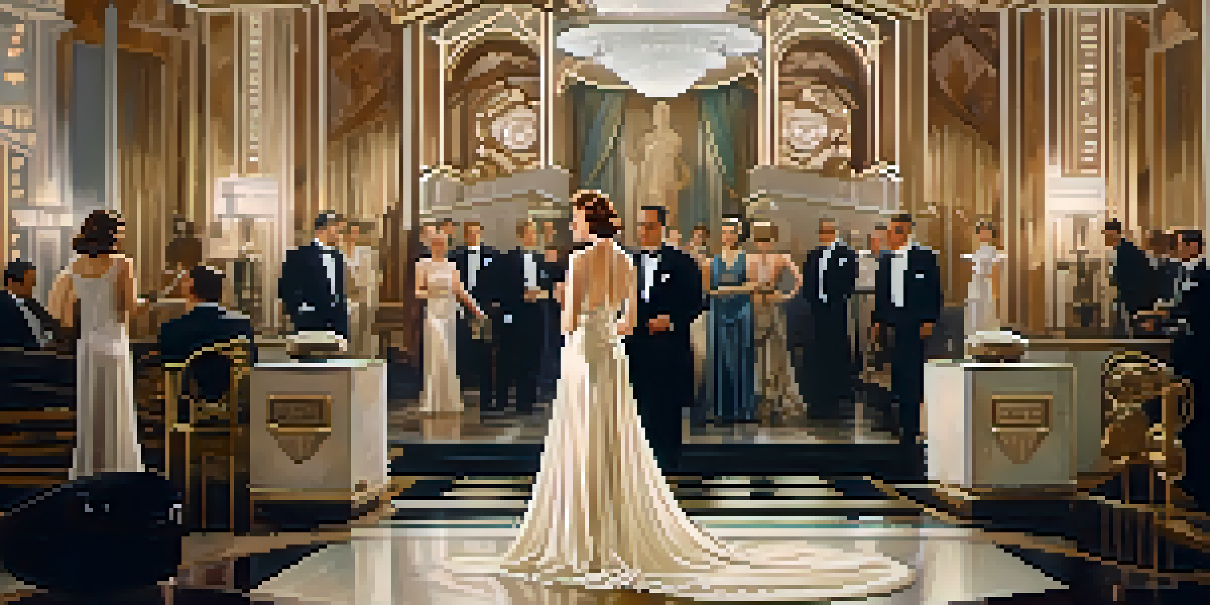 A 1920s Hollywood film set with a glamorous actress in a white gown, surrounded by soft lighting and art deco architecture.