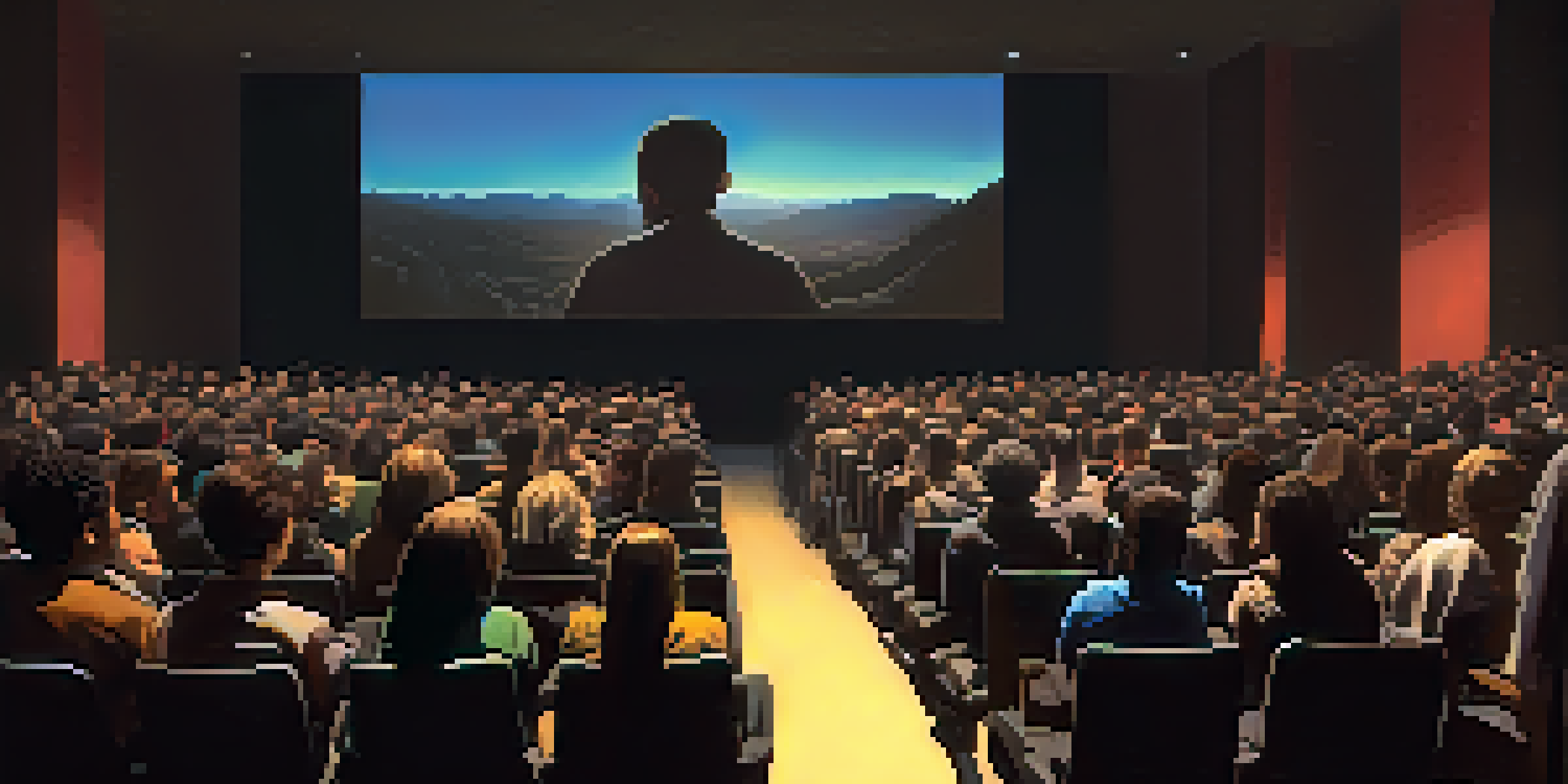 A diverse audience watching a documentary in a dimly lit room, showing emotional reactions of empathy and concern.