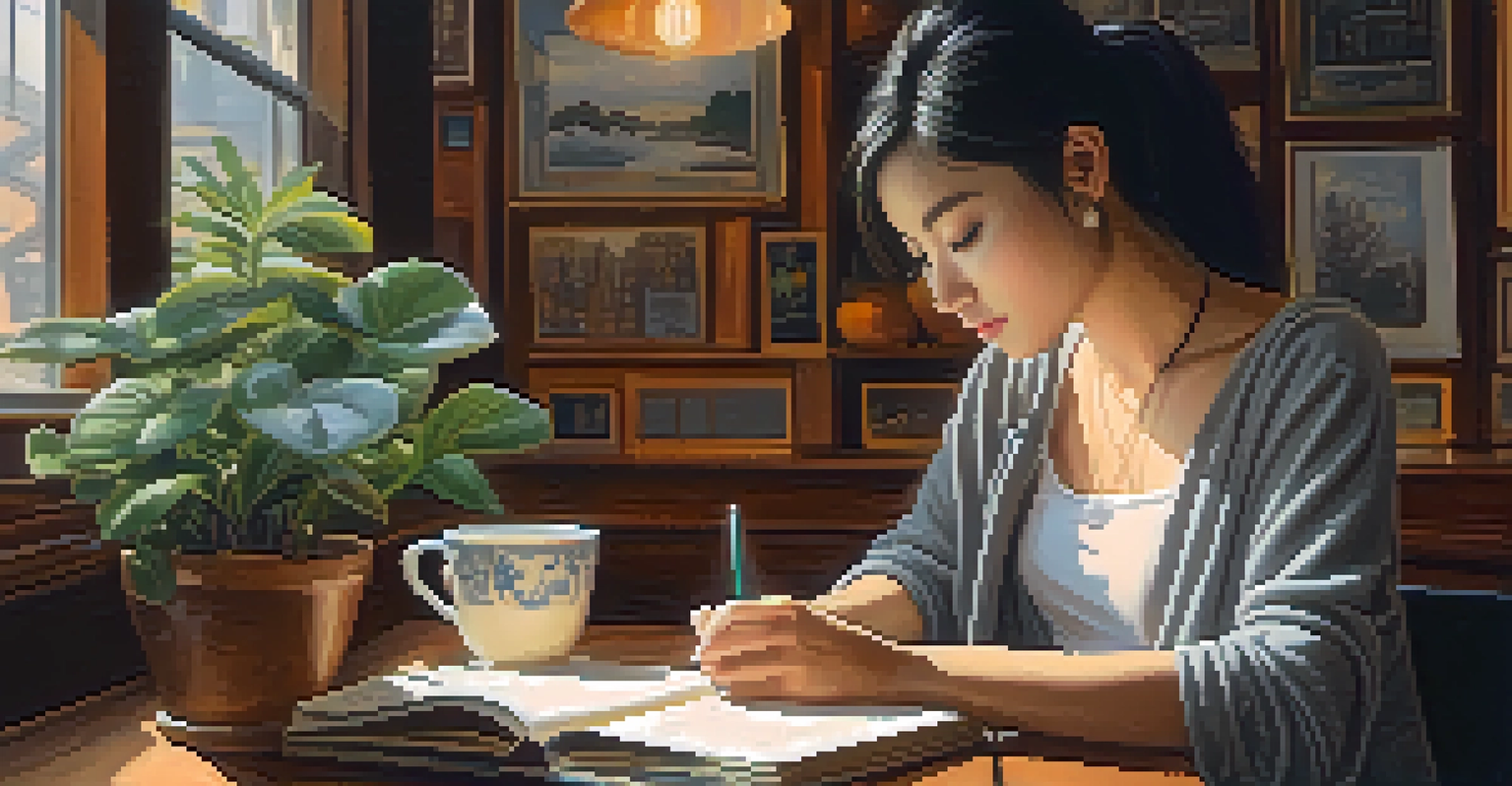 A young Asian woman writing in her journal at a cozy café surrounded by books and plants.