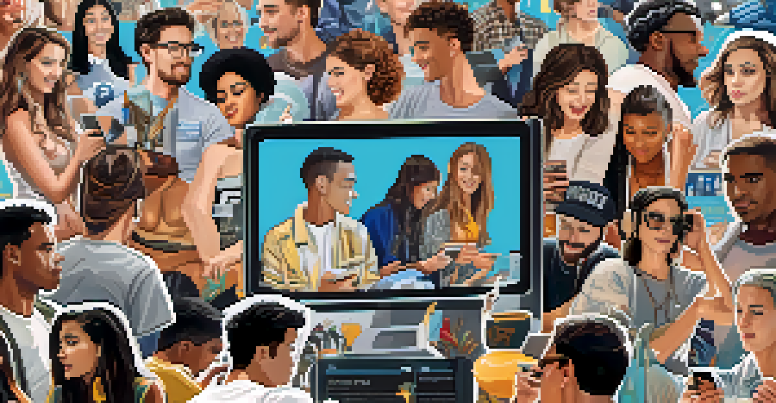 A social media feed displaying clips and comments about Hollywood stereotypes, with a diverse group of young people interacting with their devices.