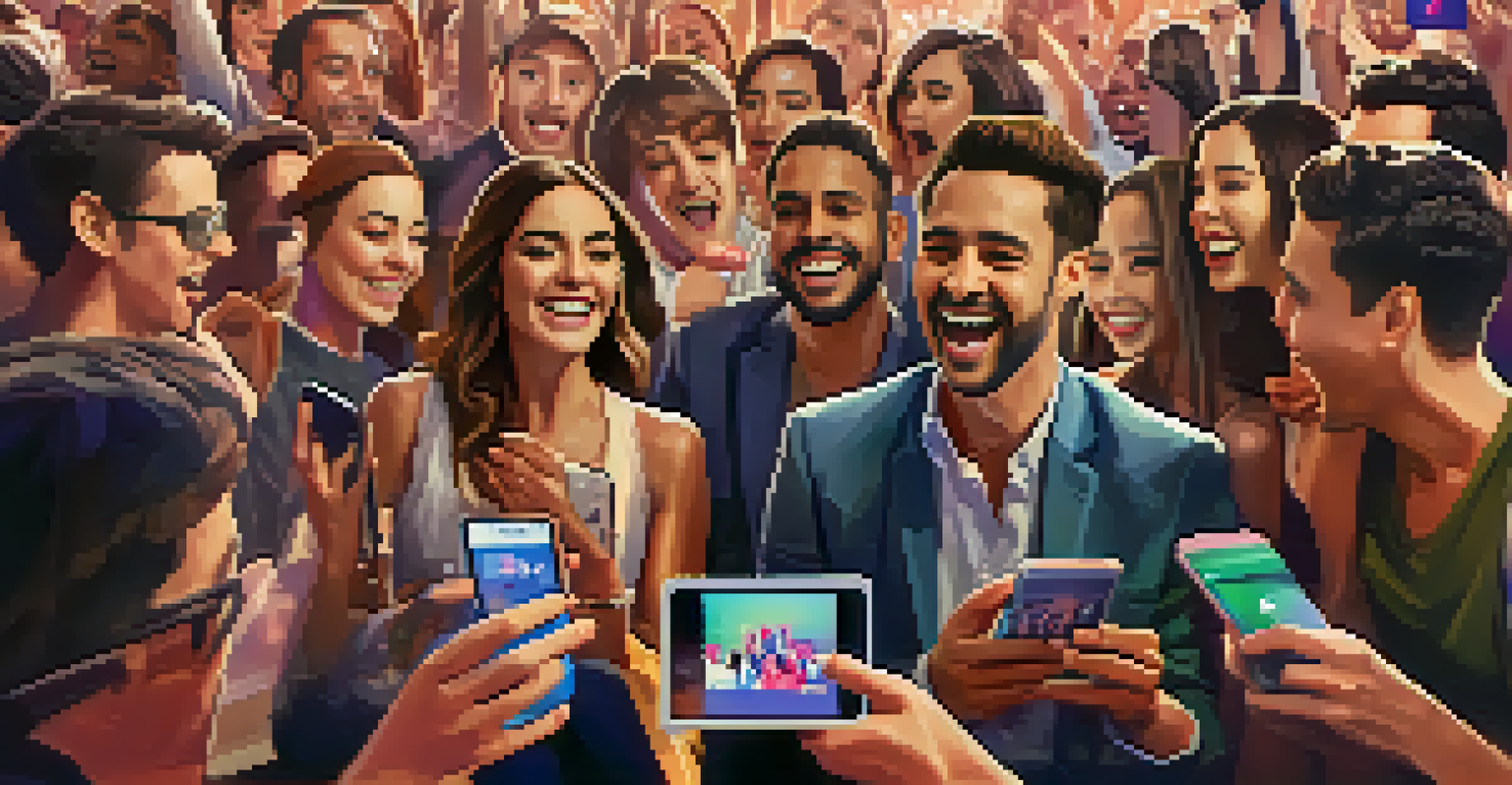 A group of friends engaged in a social media discussion during an award show, surrounded by colorful posts and reactions on their devices.